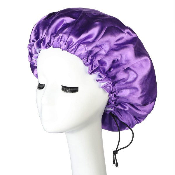 Purple Satin Care Bonnet Hat With Adjustable Elastic Band On Mannequin Head
