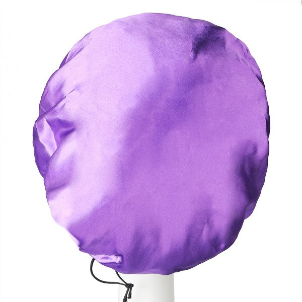 Back View of Purple Satin Bonnet With Elastic Band On Display Stand