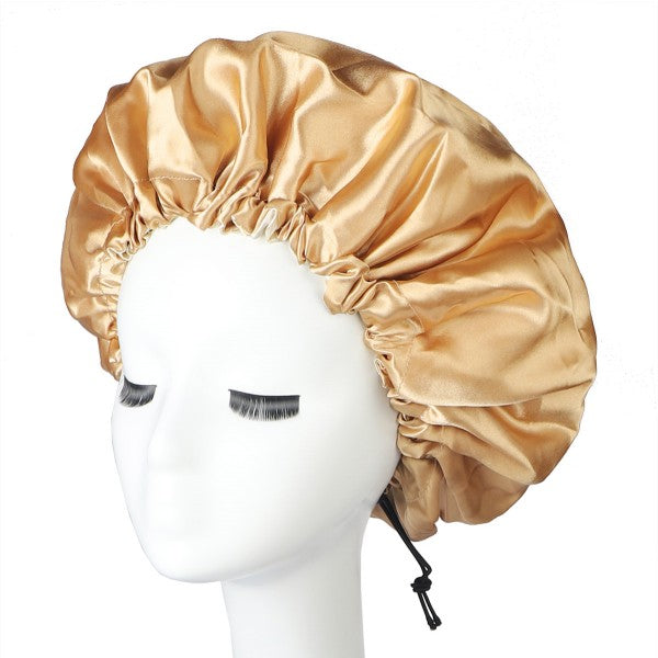 Gold Satin Care Bonnet Hat With Adjustable Strap On Mannequin Head