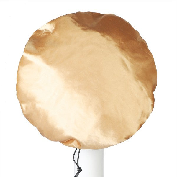 Gold Satin Care Bonnet Hat With Adjustable Strap Viewed From the Back