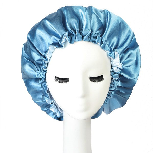 Light Blue Satin Care Bonnet Hat With Elastic Band On Mannequin Head