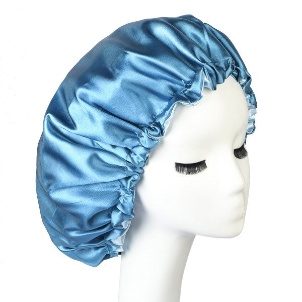 Light Blue Satin Care Bonnet With Elastic Band On Mannequin Head Side View