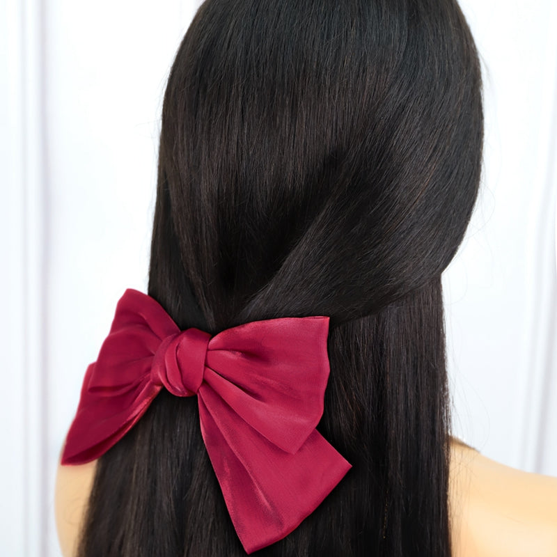 Burgundy Satin Bow Hairpin On Long Straight Black Hair
