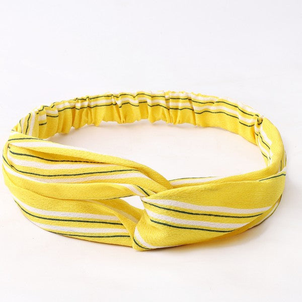 Yellow Knotted Headband With White and Green Stripes