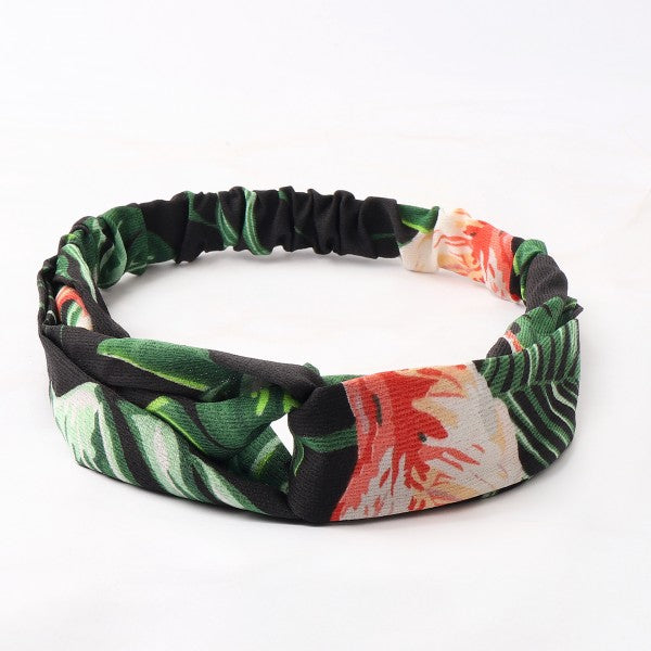 Floral Headband With Tropical Leaves and Vibrant Flowers in Pink and Green