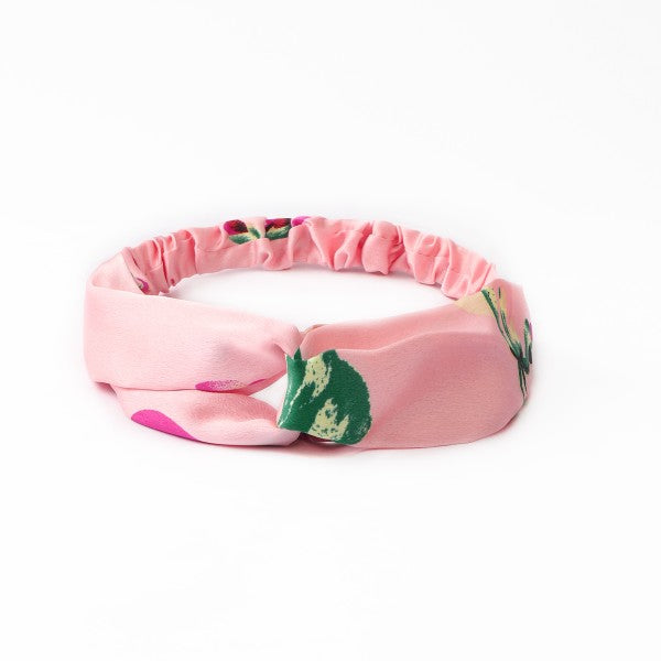 Pink Knotted Headband With Green Leaves and Pink Flowers Design