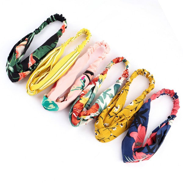 Set of Seven Floral Knotted Headbands in Various Colors and Patterns