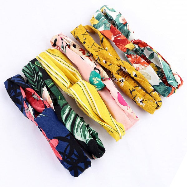 Assorted Set of Seven Colorful Knotted Headbands With Floral and Tropical Patterns