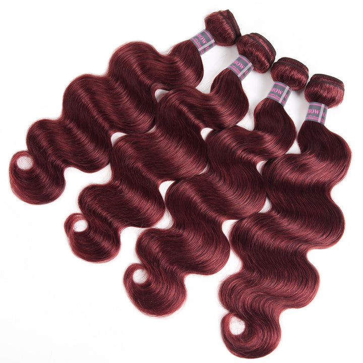 99J Burgundy Body Wave Hair Bundles Showcasing Soft, Shiny Texture and Vibrant Color