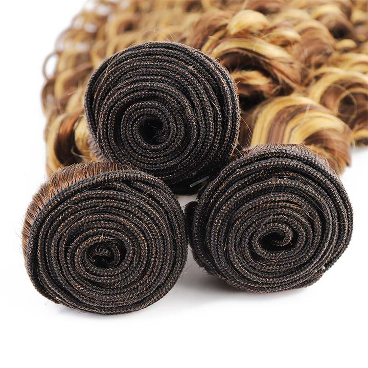 Three Rolled Bundles of Honey Blonde Deep Wave Hair Extensions