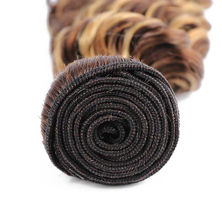 Rolled Bundle of P4/27 Honey Blonde Deep Wave Hair Extensions
