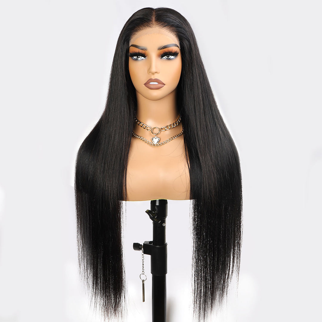 Model Showcasing Straight PPB Invisible Knots Lace Frontal Wig in Natural Black Color