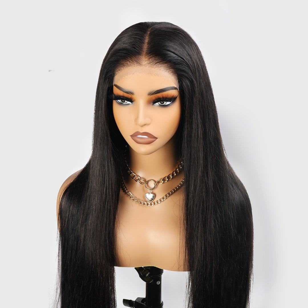 Model With Straight PPB Invisible Knots Lace Frontal Wig in Natural Black Color