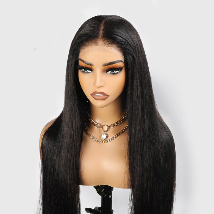 Model With Straight PPB Invisible Knots Lace Frontal Wig in Natural Black Color