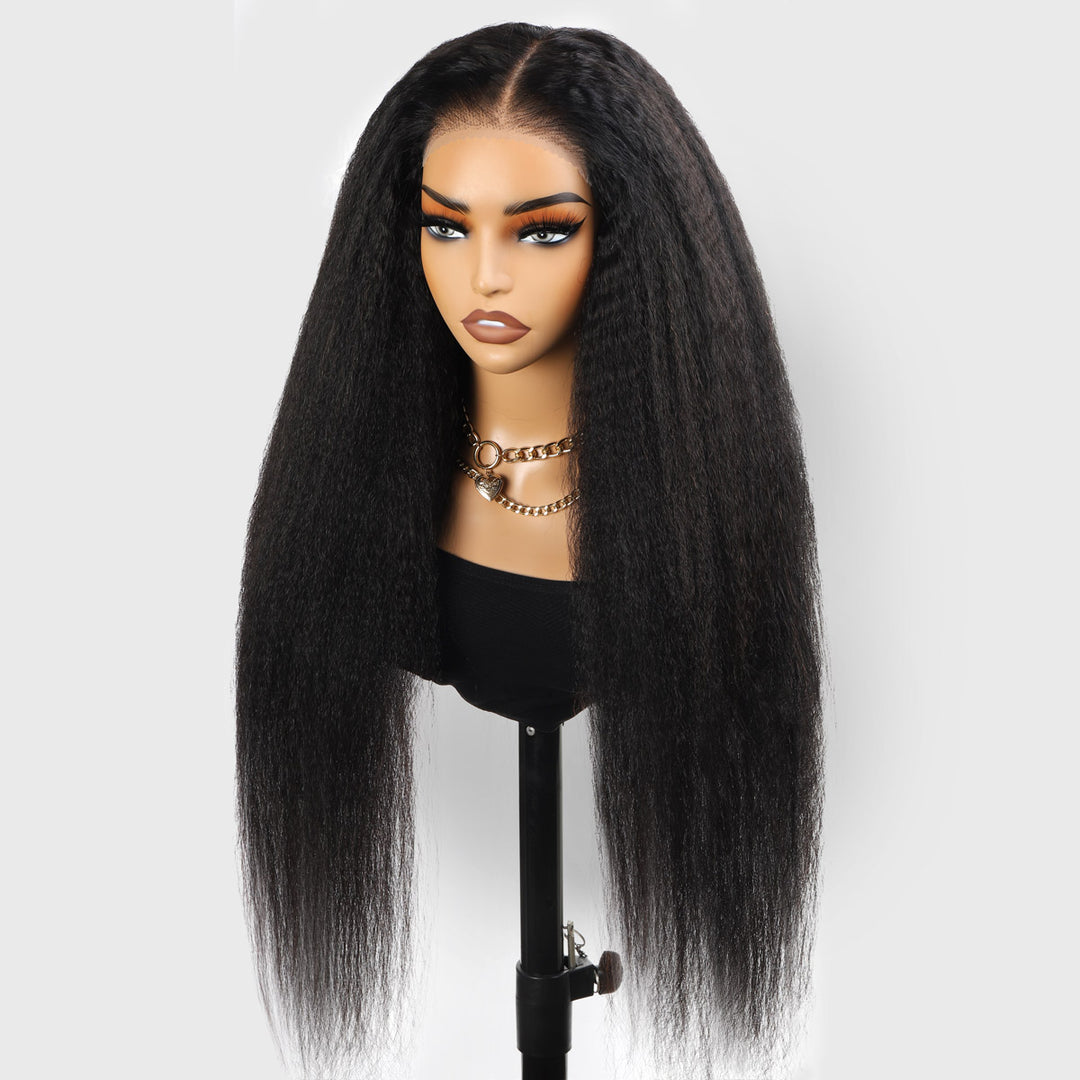 Kinky Straight Human Hair Wig in Natural Black Color Displayed On Mannequin With Volume