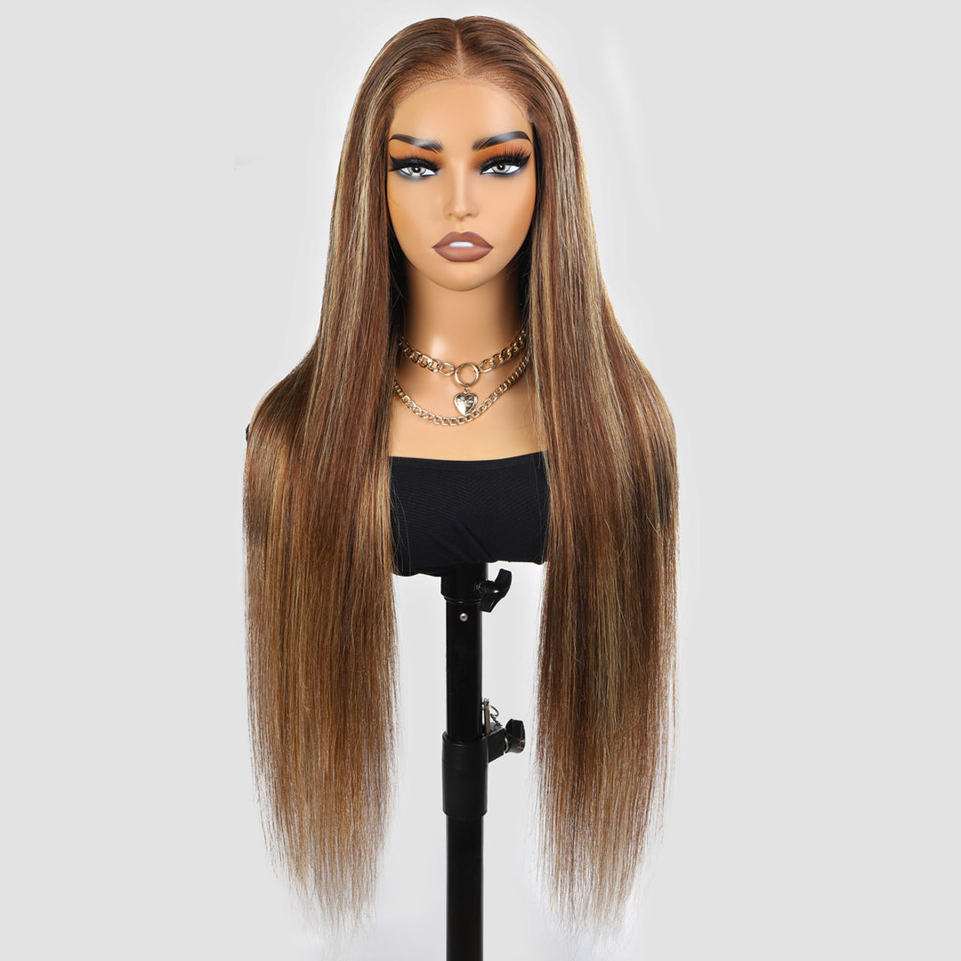 Honey Blonde Balayage Wig Styled Straight With Invisible Knots and HD Lace