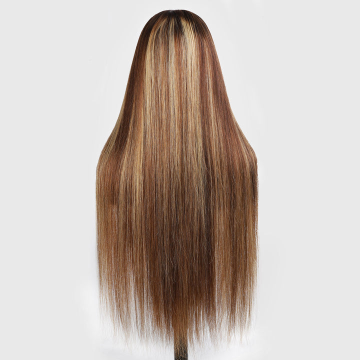 Back View of Long Honey Blonde Straight Wig Showcasing Sleek Hair Texture and Highlights