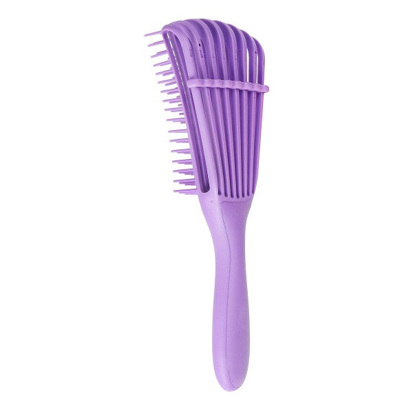Purple detangling hair brush with flexible bristles and adjustable band, suitable for curly hair