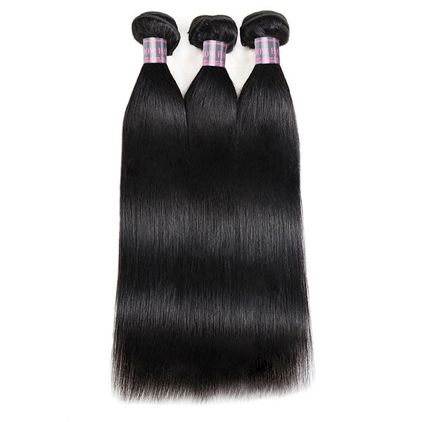 Three Straight Bundles of Natural Black Human Hair Extensions On a White Background