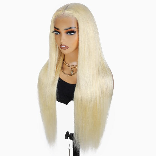 Long Straight 613 Blonde Wig On Mannequin With Glossy, Elegant Finish