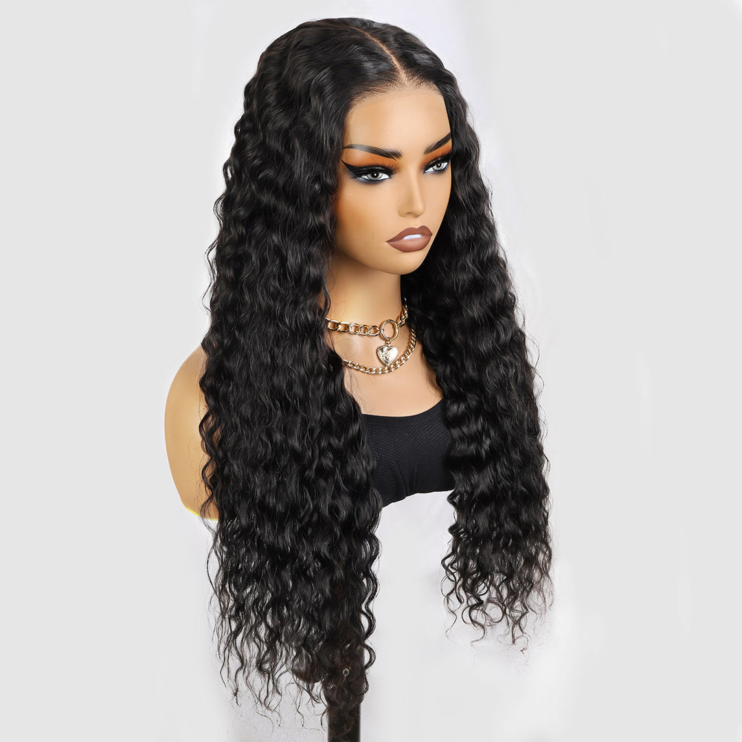 Water Wave Human Hair Wig in Natural Black With Curls, Showcasing HD Lace Closure