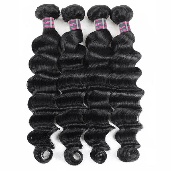 Four Bundles of Glossy Black Loose Deep Wave Human Hair Extensions