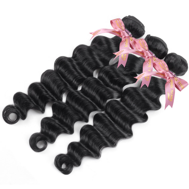 Three Bundles of Brazilian Loose Deep Wave Human Hair With Pink Ribbons, Soft Texture