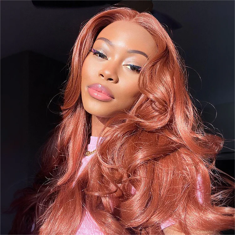 Woman wearing Ishow Hair's glueless brick pink body wave HD lace frontal wig with pre-plucked hairline and invisible knots, ideal for a seamless and natural appearance.