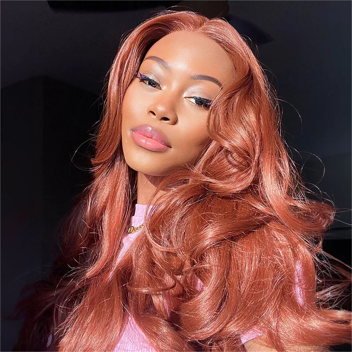 Woman wearing Ishow Hair's glueless brick pink body wave HD lace frontal wig with pre-plucked hairline and invisible knots, ideal for a seamless and natural appearance.