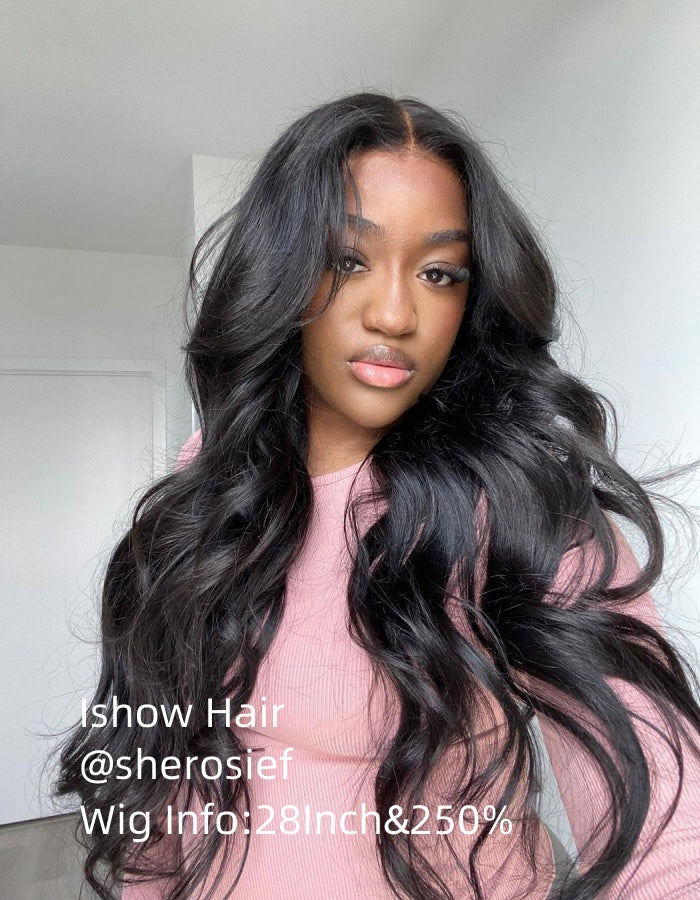 Model With 28-Inch Loose Body Wave Wig By Ishow Hair in Natural Black Color