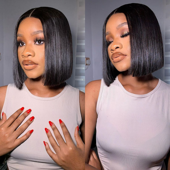 Model Showcasing Sleek Straight Bob Wig With Neutral Outfit and Red Nails