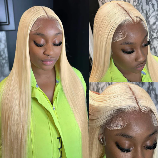 Model With Honey Blonde Straight Wig, Highlights Natural Look and Sleek Texture