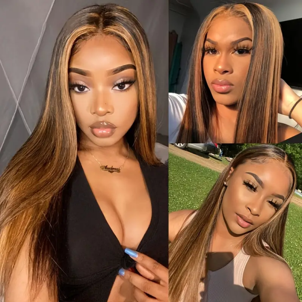Model With Honey Blonde Highlight Straight Hair, Showcasing Vibrant Color and Style