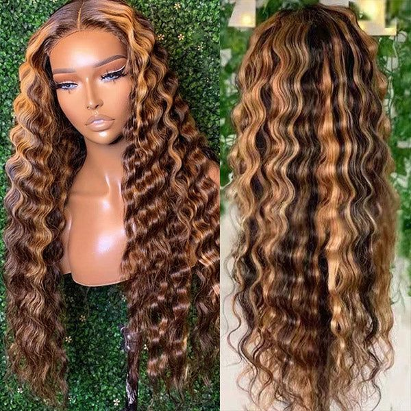 Honey Blonde Highlighted Body Wave Wig On Model Showcasing Loose Curls