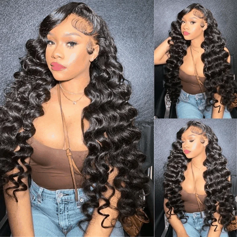 Model Showcasing 30 Inch Loose Deep Wave Natural Black Wig With Pre-Plucked Hairline