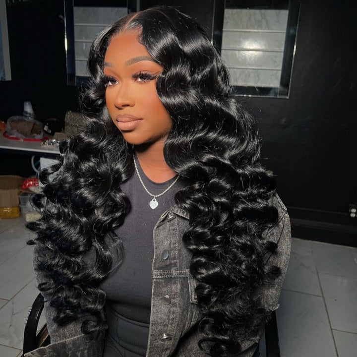 Model Showcasing Ishow Hair Body Wave Lace Frontal Wig With Natural Black Color