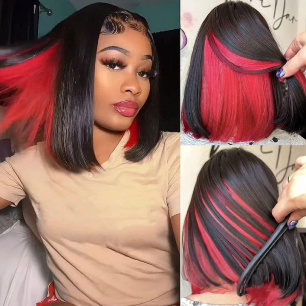 Woman wearing a short straight bob wig with peekaboo red two-tone color, showcasing the vibrant red highlights underneath.