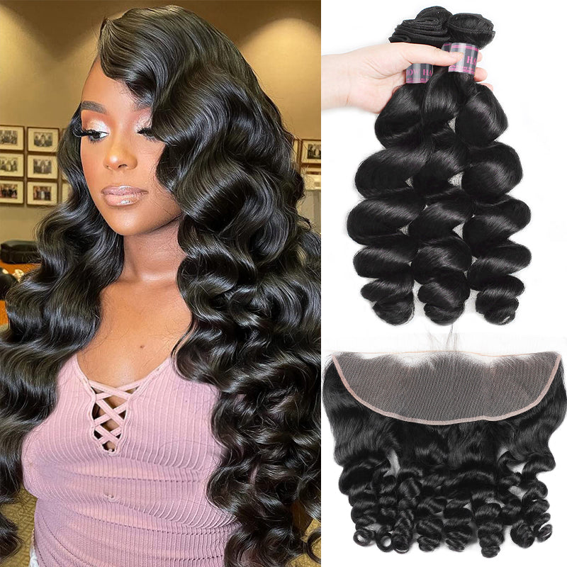Peruvian Loose Wave Hairstyle and 3 Bundle Set With Lace Frontal for Natural Look