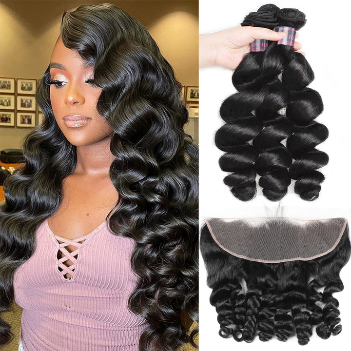 Peruvian Loose Wave Hairstyle and 3 Bundle Set With Lace Frontal for Natural Look