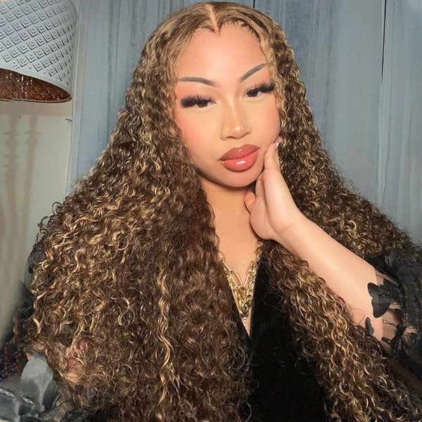 Close-up of Ishow PPB™ Invisible Knots Deep Wave Wig P4/27 Highlights Lace Closure showing invisible knots feature