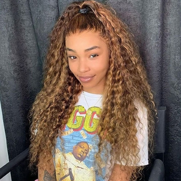 Model With High Ponytail Showcasing Ishow Deep Wave P4/27 Highlight Wig