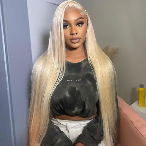 Collage of woman wearing Ishow 613 Blonde HD Lace Frontal Wig with close-up views of hairline and parting, showcasing long, straight blonde hair.