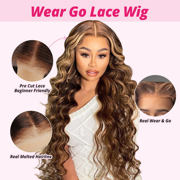 Model Displaying P4/27 Loose Deep Wave Wig With Pre-Cut Lace and Natural Highlights