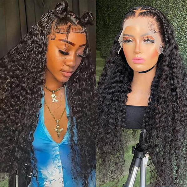 Woman modeling a 34-inch water wave human hair wig, showcasing front and side views. The wig features a pre-plucked hairline and natural volume and movement. Ideal for a stylish look.