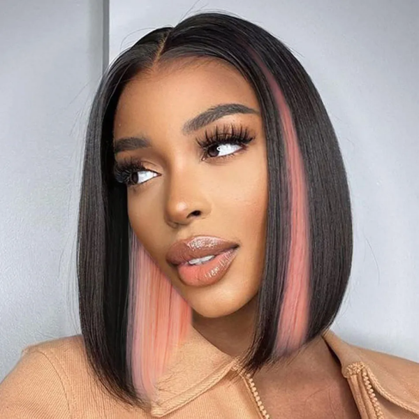 Three views of Peekaboo Hair Pink Highlighted Color Straight Short Bob Wig with HD Lace. Woman wearing wig, two mannequin views highlighting pink strands.