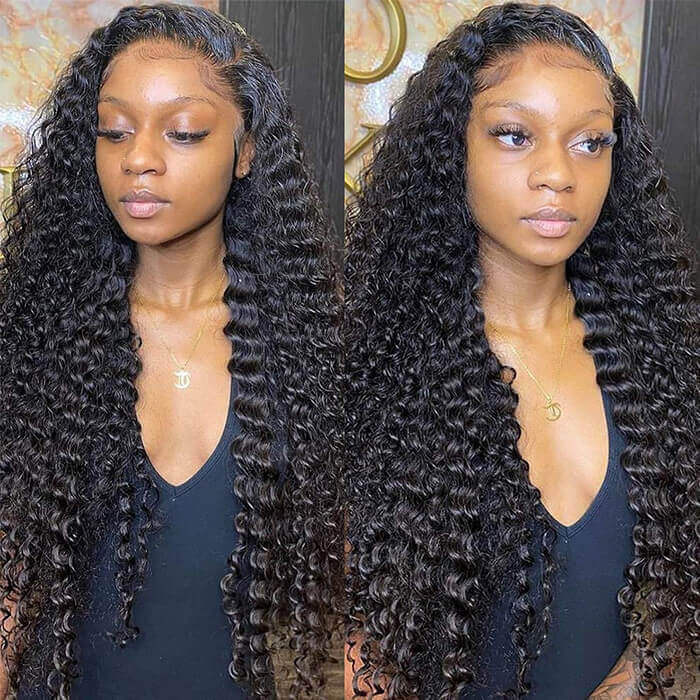Model With 30 Inch Natural Black Deep Wave Wig, Highlighting Curls and Texture