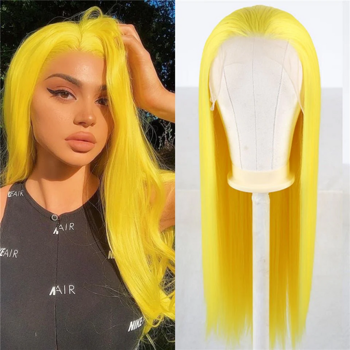 Model Showcasing a Straight Yellow Lace Front Wig With Natural Hairline