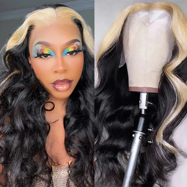 Blonde Skunk Stripe Lace Front Wig With Body Wave Texture Worn By a Model