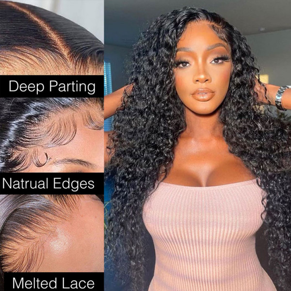 Model Displaying Deep Wave Wig With Natural Edges and Melted Lace, Wearing a Fitted Top