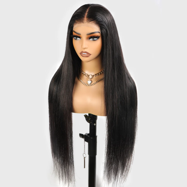 Long Straight Black Hair Wig Displayed On a Mannequin With Neutral Background